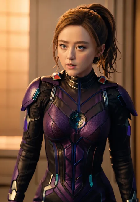 ((masterpiece)), (best quality), perfect anatomy, highres, detailed, (8k), photorealistic,  best quality, ultra highres,
kathrynnewtonv1, 1girl, solo, brown hair, realistic, bodysuit, science fiction, ponytail, lips, full body
<lyco:kathryn_newton_lycor_02-000003:1.0>