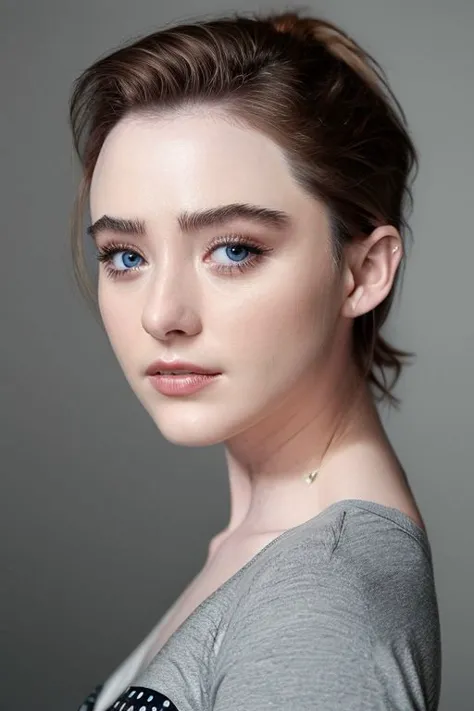 kathrynnewton, (face closeup:1.2) portrait of young woman wearing thin shirt, grey background, (tilted pose shot:1.1), oiled shiny skin, (slick undercut hair:1.0)
 <lora:kathryn_newton_lycor_01:1>