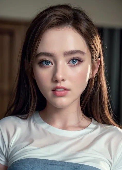 a close up of a woman with long hair wearing a white shirt