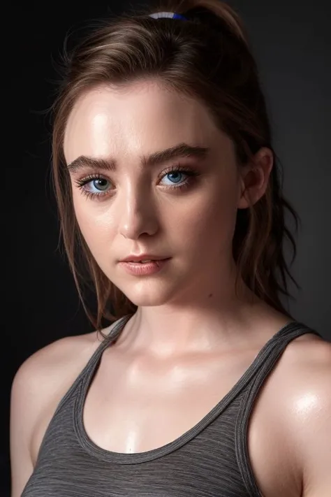 kathrynnewton, face closeup portrait of young woman wearing thin tank top, grey background, (tilted pose shot:1.0), oiled shiny skin, (slick hair:1.0), 
 <lora:kathryn_newton_lycor_01:1>