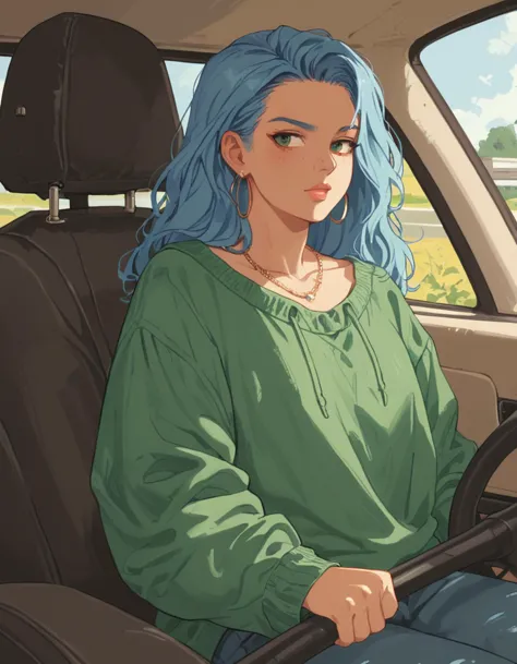 anime girl with blue hair sitting in a car with steering wheel