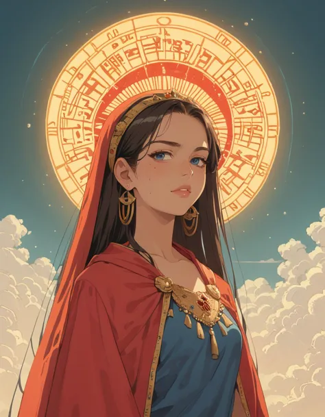 a woman in a red cape and blue dress with a sun above her head