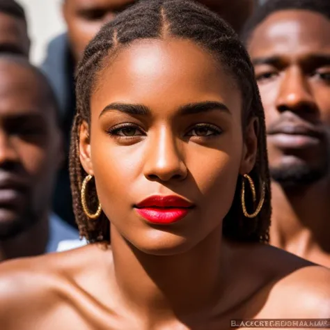 a close up of a woman with a red lipstick and a group of people