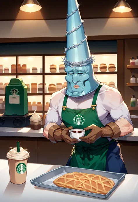 there is a man with a cone on his head holding a cup of coffee