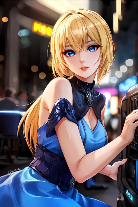 masterpiece, best quality, highest detail, 8k, hyperrealism, Cassandra Alexandra, blonde hair, blue eyes, (detailed face and eyes):1.2, wearing edgNoire, blue dress, candid, cinematic scene, cyberpunk cyber cafe, glow, bokeh, br-max, <lora:Cassandra_Alexandra:0.7>, <lora:edgNoire1:0.5>, <lora:br_max-000014:0.1>