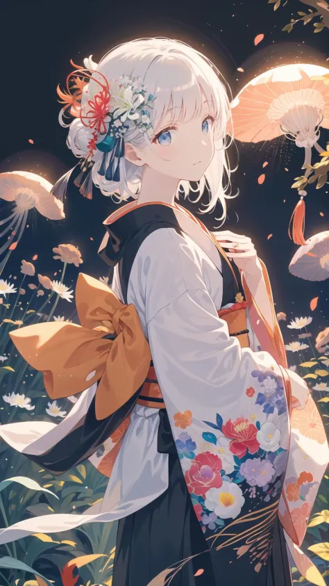 masterpiece, best quality, highres, detailed, illustration, (black background:1.2), ray tracing, night, (flower field:1.2), (spider lily:1.2), jellyfish, petals, light particles, cowboy shot, 1girl, solo, holding flower, (black kimono:1.2), white hair, hiten1, <lora:GoodHands-beta2:1>, <lora:[LoRA] Jellyfish forest _ æ°´ææ£® _ããããã Concept (With dropout & noise version)_v1.0:0.5>,