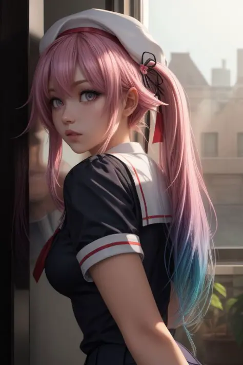 harusame, (purple eyes), side ponytail, hair ornament, gradient hair, pink hair, blue hair, pink eyes,beret, school uniform, black serafuku, pleated skirt, black gloves, ((pretty face, skin indentation, eyes reflection, stunning eyes, rim lighting, skin shading, sub surface scattering)), (masterpiece, best quality, ray tracing, volumetric lighting, ssao shadows, detailed, intricate),((from back)), 