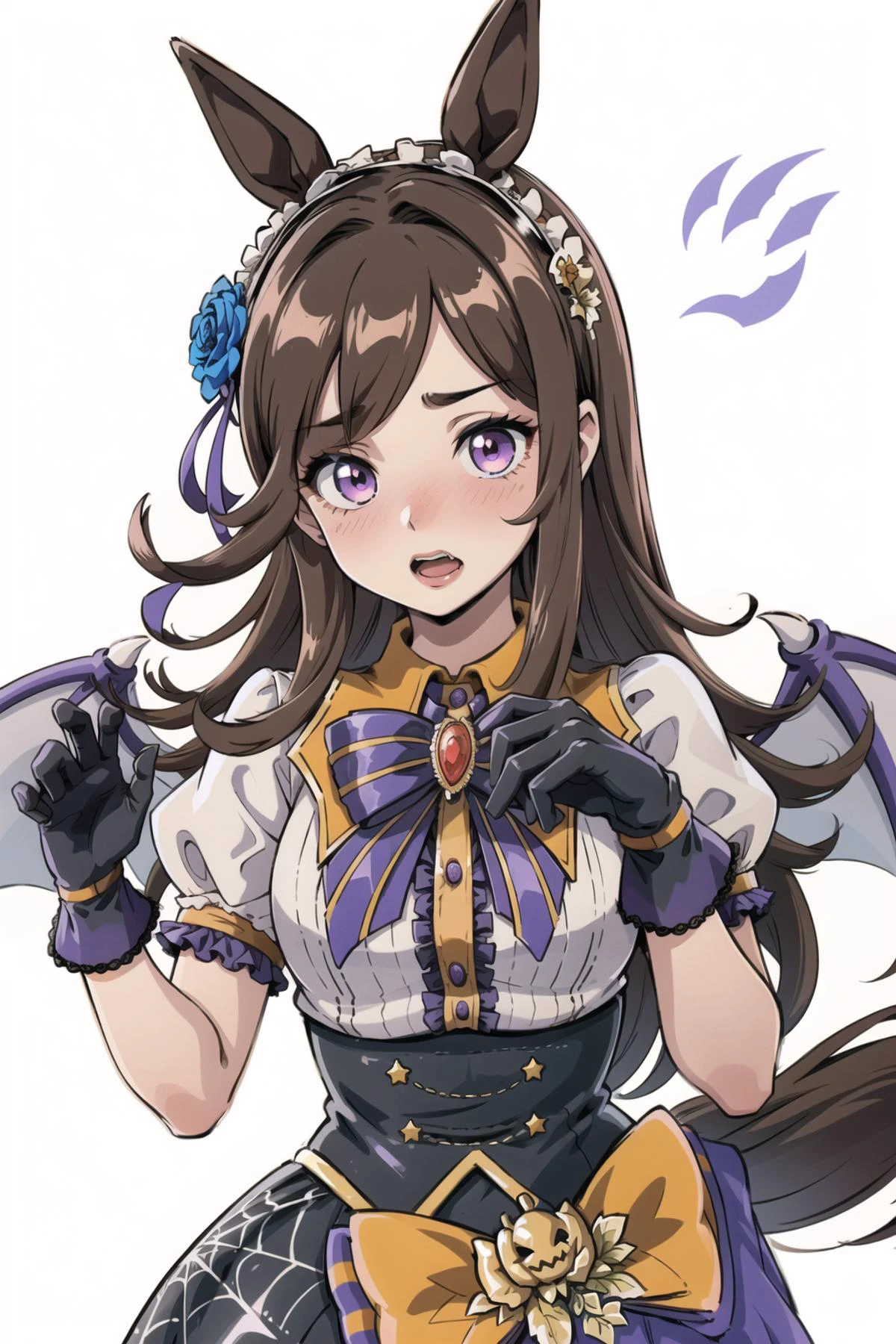 MUvampire-hairstyle, outfit-MUvampire, 1girl, horse ears, solo, long hair, hair over one eye, tail, horse girl, purple eyes, looking at viewer, hair flower, brown hair, frilled hairband, hair ornament, blush, open mouth 
