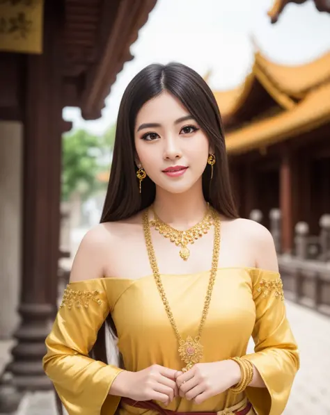 1girl, (ulzzang-6500:0.7), kpop idol, yae miko, detached sleeves, bare shoulders, gold hair, long hair, thai clothes, best quali...