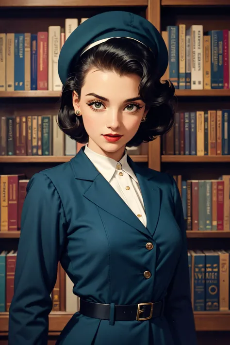 ((upper body portrait)),Photography by Garry Winogrand,
a beautiful busty young woman Wearing Saddle Shoes,Wearing Navy Blue Berets,Sporting Victory Rolls Hairdo,Inside a 1950s Public Library: Packed bookshelves,green-topped tables,librarian,
pale skin,highly detailed face,red lipstick,
(simple background,dark background):1.2,
1960s style,retro,vintage,old photo style,vibrant colors,