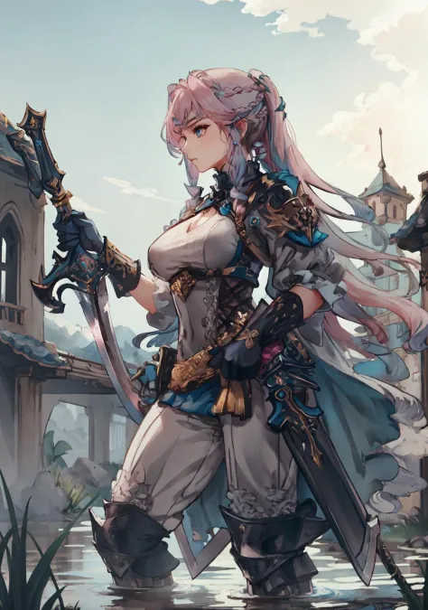 in the style of masterpiece, best quality, 1woman, (((weapon master))), intricate Heather Gray outfit, intricate background, very long hair, Bubblegum Pink hair, waterfall braid, Sky Blue eyes, swamp, sfw