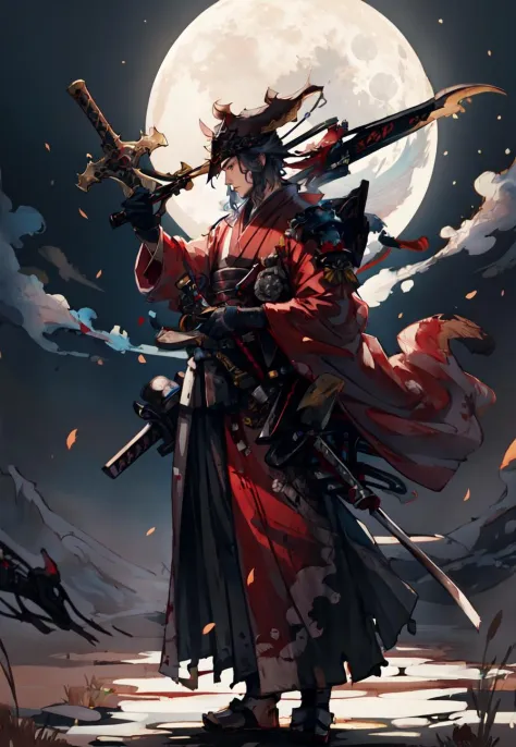 obra de arte, melhor qualidade, samurai em quimono vermelho, pano fluindo no ar, lua, estepe boreal, SFW