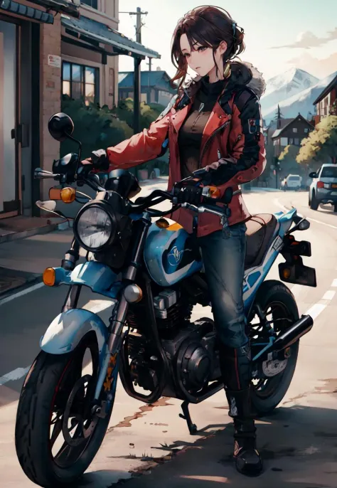 masterpiece, best quality, 1woman, mechanic holding a wrench, motorcycle, asphalt,  polar alpine tundra, sfw