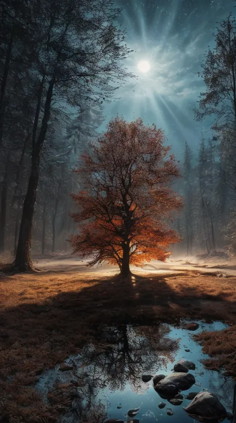 a tree in the middle of a field with a stream of water