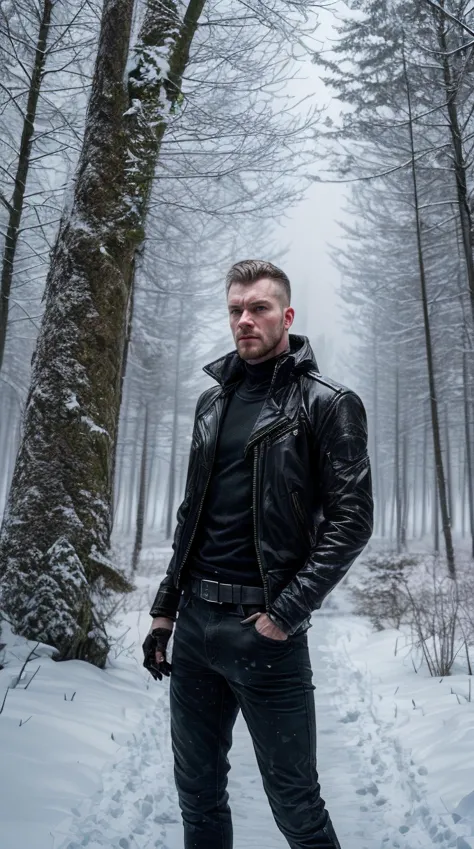 arafed man in black leather jacket standing in snow covered forest