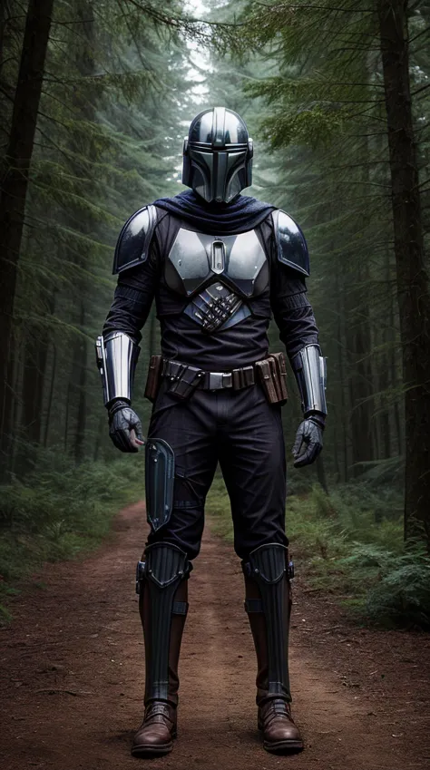 (masterpiece, top quality, best quality, ultra high res, realistic, photograph), male, The Mandalorian, forest background, nighttime