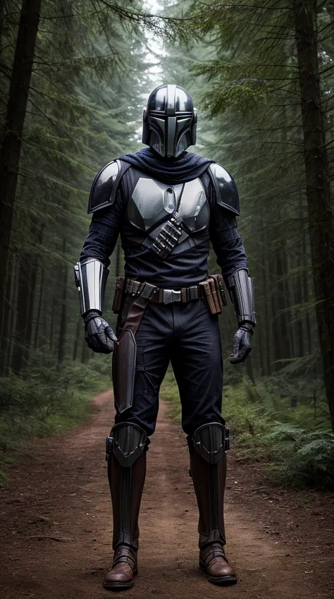 (masterpiece, top quality, best quality, ultra high res, realistic, photograph), male, The Mandalorian, forest background, nighttime