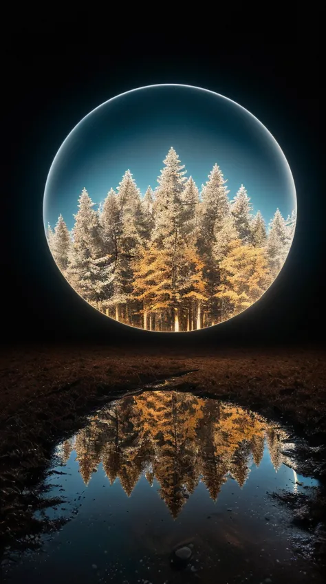 a circular mirror image of trees in the middle of a field