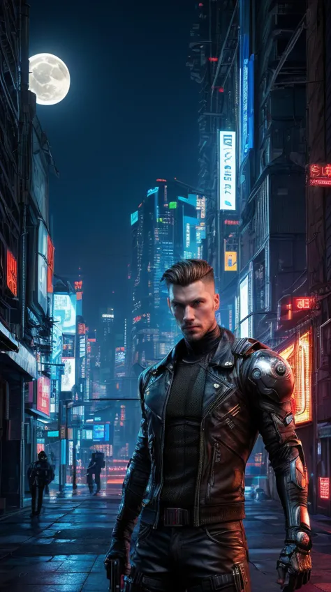 a man in a leather jacket standing on a city street