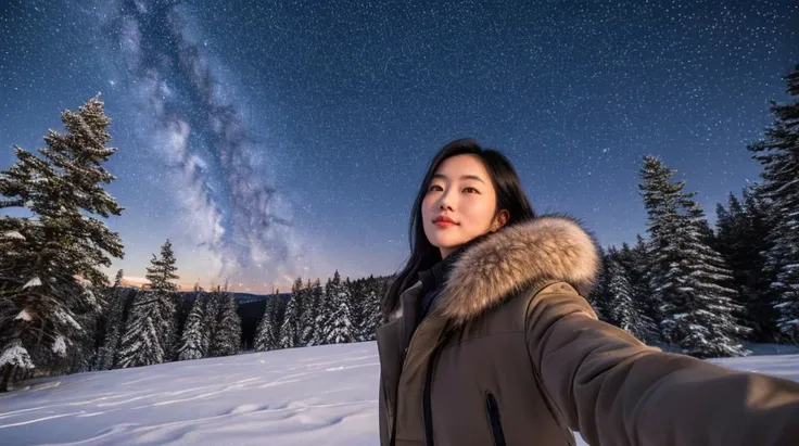 arafed woman taking a selfie in the snow with a sky full of stars