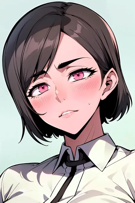 anime girl with short hair and pink eyes wearing a tie