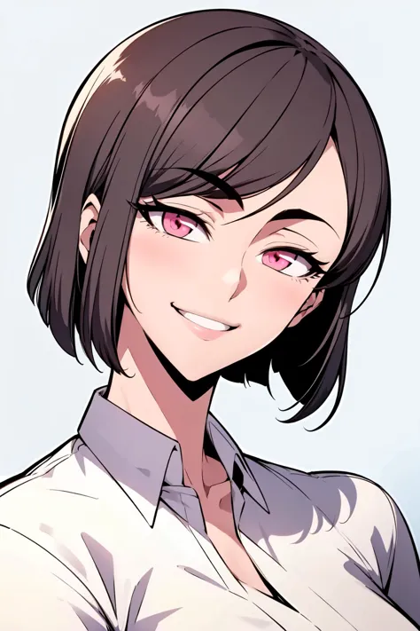 a woman with a short hair and a white shirt