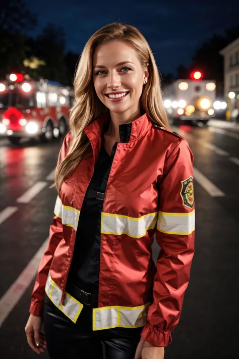 German woman, standing in the street at night, fire fighter outfit, seductive smile, white teeth,