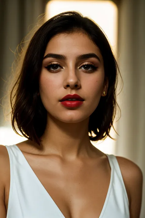 an eye contact of a Cypriot woman, contempt, Exquisite, tightline eyeliner, stain lipstick, triangles,  lips, Rosy cheeks, futuresynth, silhouetted against the bright light, technicolor