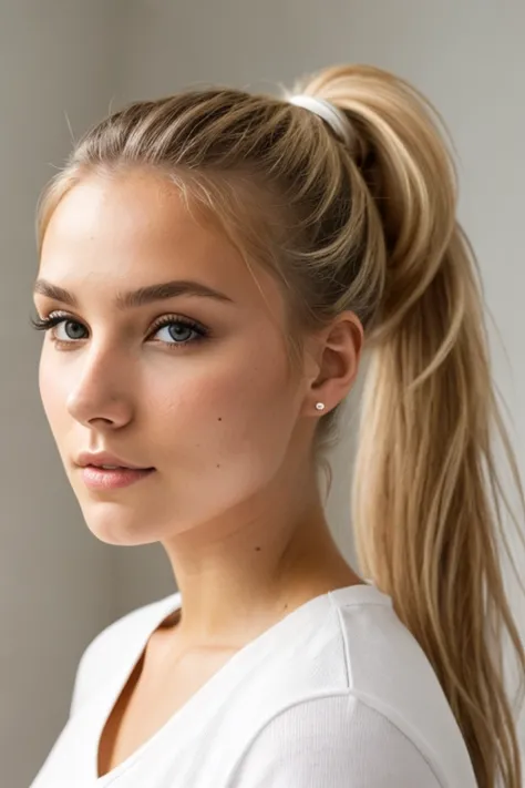 a 20 year old thick Scandinavian model, eye shadow, ponytail,