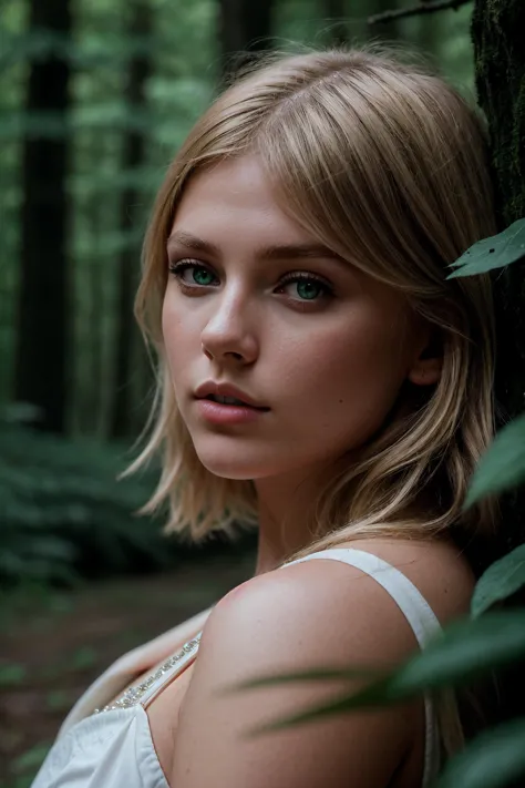 RAW photo, film grain, close-up face portrait, beautiful, model, divine beauty, girl, green eyes, perfect blonde hair, forest ba...