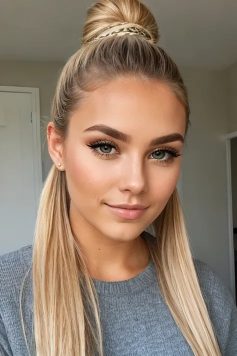 a 20 year old thick Scandinavian model, eye shadow, ponytail,