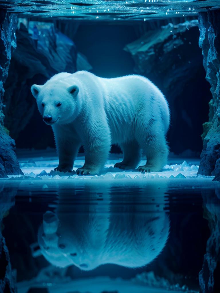 There is a polar bear standing in a glass enclosure - SeaArt AI