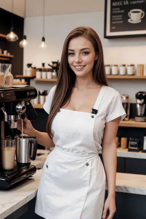 25 year old Scandinavian barista, makeup, gorgeous, very long straight hair, standing in a cafe, cute smile