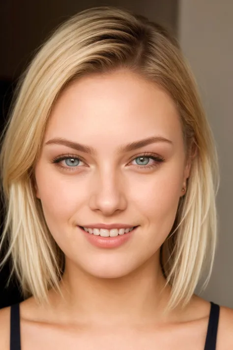 21 year old Scandinavian glamour model, detailed eyes, eyelashes, forehead, short hair, blonde hair, looking at viewer, smile