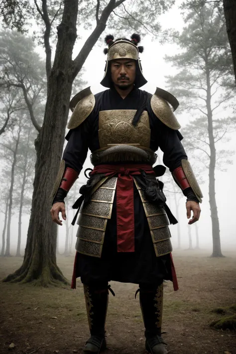 Samurai warrior, ornate armor, in forest, fog