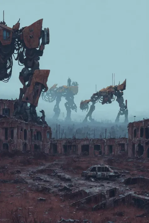 <lora:Stalenh4g:0.94>,Stalenh4g,Embark on an imaginative journey to a post-apocalyptic world where serene,decaying landscapes stretch as far as the eye can see. Among the remnants of civilization,colossal mechas emerge from the ruins,their metallic frames contrasting with the desolation. Render a vivid scene that encapsulates the stable fusion of awe-inspiring mechas and the haunting,desolate beauty of this world,all in the unmistakable artistry of Simon Stålenhag,masterpiece,best quality,