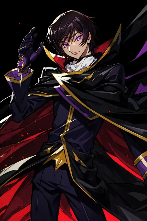 (lelouch lamperouge:1), male, boy, zero (code geass),(red glowing eye), purple suit, black cape, purple galaxy background, purple magic surrounding subject, (realistic:1.2), (masterpiece:1.2), (full-body-shot:1),(Cowboy-shot:1.2), neon lighting, dark romantic lighting, (highly detailed:1.2),(detailed face:1.2), (gradients), colorful, detailed eyes, (natural lighting:1.2), (dynamic pose:1.2), (solo, one person:1.5),<lora:Code Geass - Lelouch @ lelouch lamperouge:0.7> <lora:add_detail:0.15> <lora:hipoly3DModelLora_v10:0.05> <lora:RSERomantic_RSESofiko_RSEEmma-v1:0.1> <lora:BeautifulEyes:0.65>