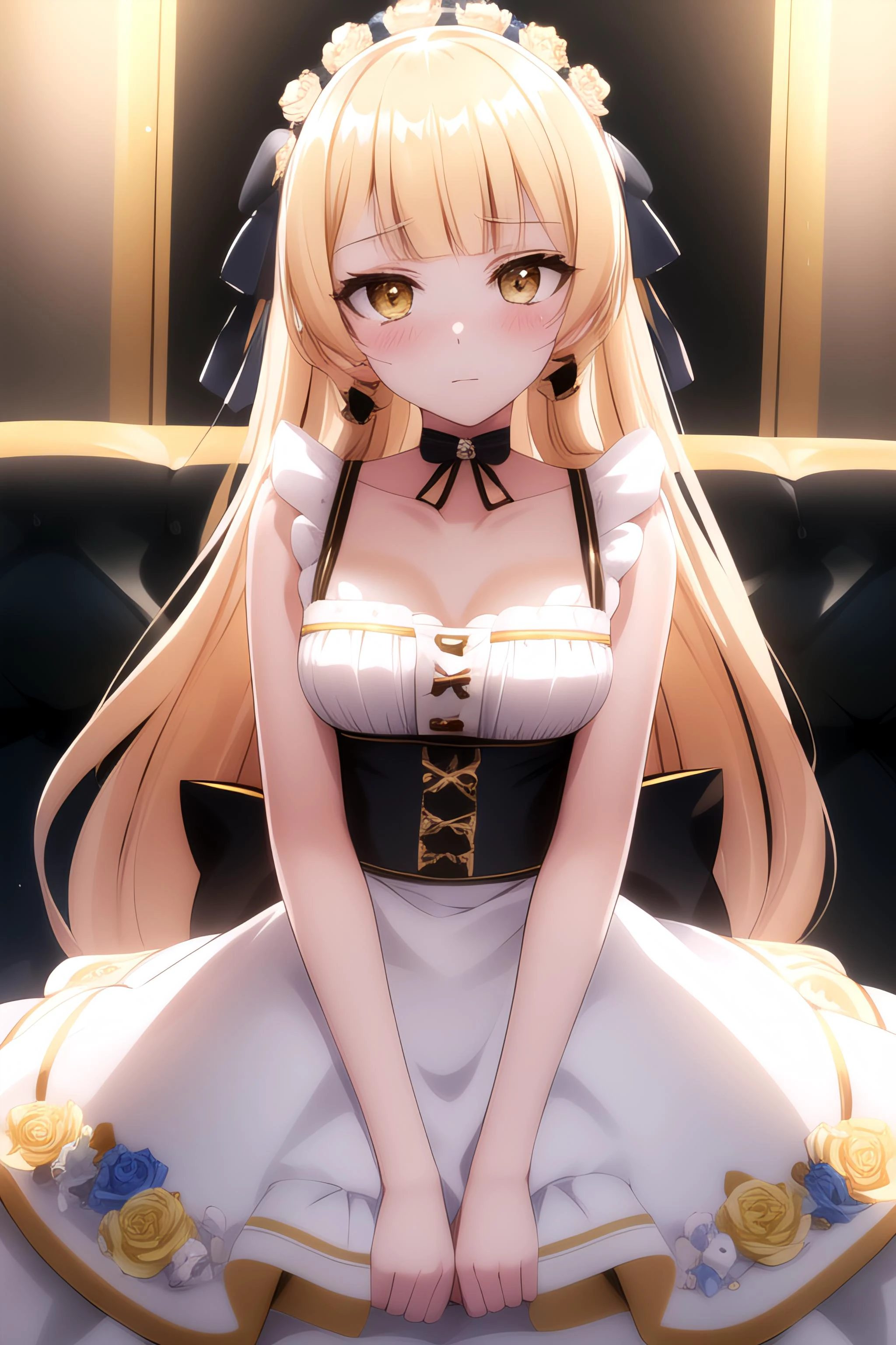 tiara royal ivy, blonde hair, long hair, blunt bangs, yellow eyes,  hair bow,  cowboy shot, small breasts, blush, spread legs, black maid, maid headdress,frills, rose,, (((masterpiece, best quality, ultra-detailed, ray tracing))), deph of field, (perfect face, detailed face),shiny eyes, fair skin,((high quality face, soft skin )), (collarbone, cinematic light, cinematic shadow),