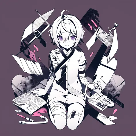 masterpiece, best quality,  1girl, solo, looking_at_viewer, smile, short_hair, 1boy, sitting, purple_eyes, monochrome, male_focu...