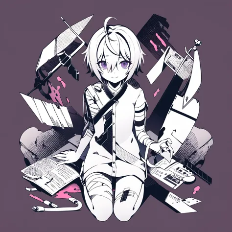 masterpiece, best quality,  1girl, solo, looking_at_viewer, smile, short_hair, 1boy, sitting, purple_eyes, monochrome, male_focus, wings, hair_over_one_eye, blood, bandages, bandaid, purple_background, bandaged_leg, syringe, bandage_over_one_eye, pill, bandaged_head, intravenous_drip,  <lora:nou:1>