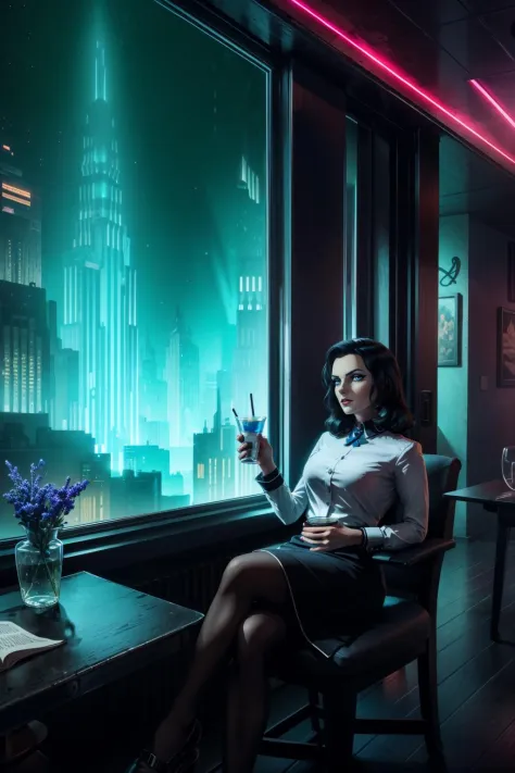 <lora:elizabeth-09:0.6>, lizoldBS_soul3142, 1girl, blue eyes, eyeshadow, lipstick, solo, looking at viewer, holding cup, sitting, chair, crossed legs, glass wall, underwater city, cityscape, neon lights,