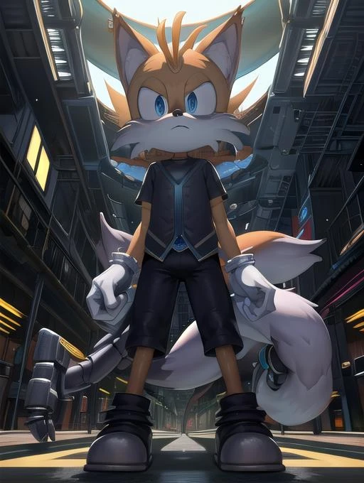 best quality, masterpiece, highres, detailed, digital artwork, TailsNine,  furry boy, black shirt, mechanical tail, mechanical arms, white gloves, sci-fi city,