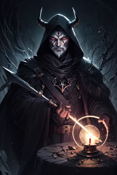 a man in a black cloak holding a crystal ball and a sword