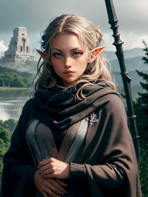 a woman in a cloak and elf ears holding a sword