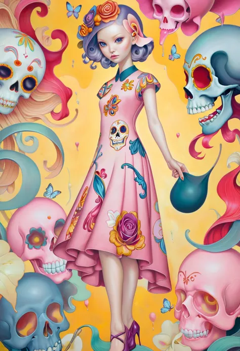 a painting of a woman in a dress surrounded by skulls