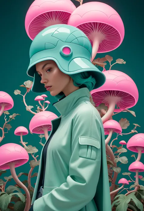 a woman in a green jacket and pink hat standing in front of a wall with pink mushrooms