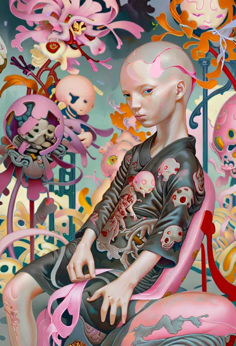 painting of a woman sitting in a chair with a bunch of toys