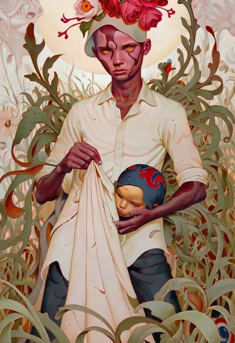 painting of a man holding a baby in a field of plants