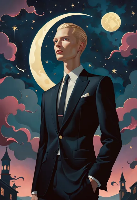 a close up of a man in a suit and tie standing in front of a moon