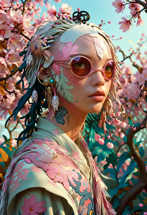 a close up of a woman with a flowered headpiece and sunglasses